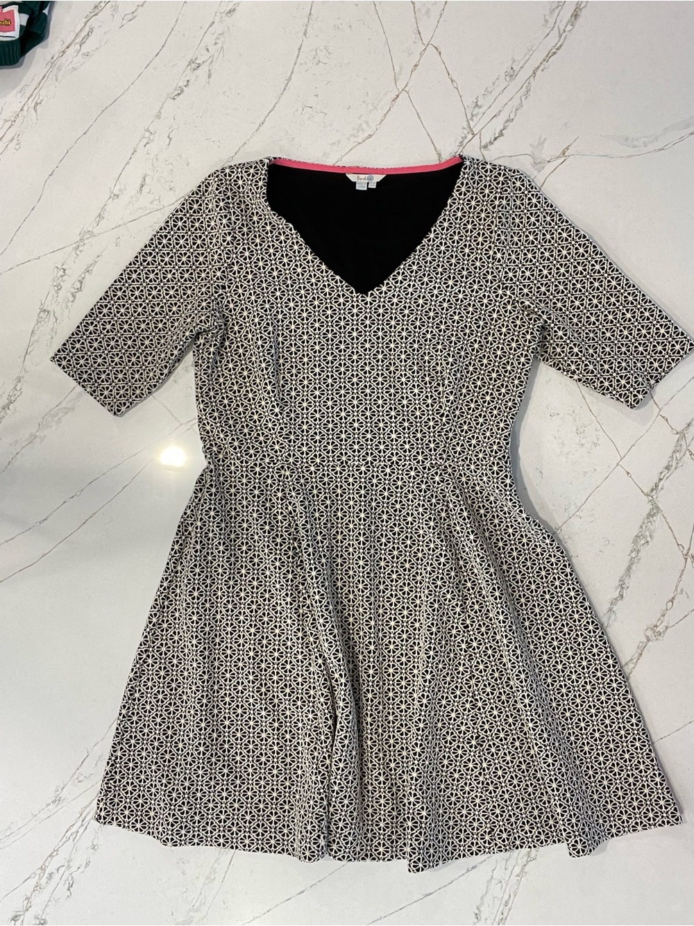 Boden Geometric Floral V-Neck Fit-and-Flare Dress Black White US 16
